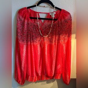 Lucky Brand Orange Long Sleeve Tie Front Blouse